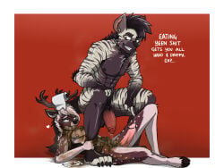 4:3 anthro antlers arrwulf asking_another balls blue_body blue_fur blush bodily_fluids border brown_body brown_fur brown_hair butt claws deer dialogue dirty_talk duo eating_feces ellipsis english_text enjoying_feces erection eye_roll feces feces_in_mouth feces_on_body feces_on_chest feces_pile fingerless_(marking) fingerless_gloves_(marking) fur genital_fluids genitals gloves_(marking) hair heart_symbol hooves horn humanoid_genitalia humanoid_penis hyena long_hair looking_down looking_down_at_another lying male male/male male_pooping mammal markings nipples nude_anthro nude_male on_back penis pooping pooping_on_another precum profanity red_background scatplay simple_background spots spotted_body spotted_fur striped_body striped_fur stripes talking_to_another teeth text toilet_paper white_body white_border white_fur
