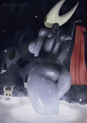 2025 2_horns absurd_res ambiguous_gender arthropod artist_name ass big_breasts biped black_body black_breasts black_eyes blush breasts calue_art censored censored_genitalia censored_vulva clothing duo english_text female fingers genitals half_sister_(lore) hi_res hollow_knight horn hornet_(hollow_knight) hot_spring nude partially_submerged red_clothing sibling_(lore) sister_(lore) standing team_cherry text the_knight_(hollow_knight) vessel_(species) vulva water wet