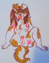 absurd_res anthro barley beckoning camel_toe canid canine canis cupcake doeslut69 domestic_dog eating female food frosting genitals gesture hi_res humanoid_genitalia mammal nude solo spread_legs spreading thick_thighs traditional_media_(artwork) vulva