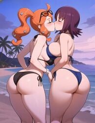 ai ai_art ai_generated beach beach_background bikini black_bikini black_swimsuit black_swimwear blue_bikini blue_swimsuit blue_swimwear female game_freak green_eyes green_eyes_female kiss kissing making_out nintendo orange_hair orange_hair_female philena_ivy pokemon pokemon_rgby pokemon_swsh purple_eyes purple_eyes_female purple_hair purple_hair_female sonia_(pokemon) swimsuit swimwear