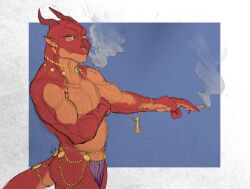 absurd_res accessory animal_genitalia anthro bottomwear cigarette clothed clothing digital_drawing_(artwork) digital_media_(artwork) furgonomic_bottomwear furgonomics genital_slit genitals gold_(metal) gold_jewelry hi_res jewelry light_clothing looking_at_viewer lore male orange_body red_body scalie smoking smoking_cigarette tail tail_accessory tail_jewelry topless ya_be4