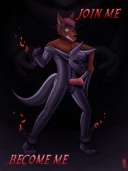 3_eyes anthro black_body black_clothing black_fur black_latex black_suit bound canid canine chained chains clothing demon duo forced forced_transformation fox fur genitals goo_transformation hi_res latex latex_clothing latex_skinsuit latex_transformation male male/male mammal mask mask_transformation multi_eye nude_anthro penis red_body red_eyes red_fur red_penis satanic satanism skinsuit solo suit suit_transformation summoning summoning_circle tight_clothing transformation wearing_mask xyveon