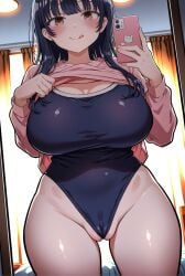 ai_generated bed bedroom black_hair blush blush_lines boku_no_kokoro_no_yabai_yatsu breasts breasts_bigger_than_head brown_eyes cellphone curvy curvy_figure erect_nipples female female_focus female_only huge_breasts huge_thighs large_areolae large_breasts larger_female light-skinned_female light_skin long_hair looking_at_viewer mature_female mature_woman mirror mirror_selfie nipples pussy school_swimsuit selfie shirt shirt_lift smile solo solo_female solo_focus standing steam steaming_body swimsuit taller_female taller_girl thick thick_legs thick_thighs tongue voluptuous voluptuous_body voluptuous_female wet_body yamada_anna