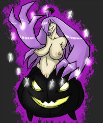 2015 ass big_breasts breasts claws female feral ghost glowing glowing_eyes gourgeist hair looking_at_viewer lurkingtyger navel nintendo nipples nude plain_background pokémon_(species) pokemon purple_eyes pussy shiny shiny_gourgeist shiny_pokemon smile solo spirit teeth video_games yellow_eyes