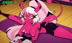 2025 ai_generated big_breasts biting_lip breasts demon_girl ends34 female female_only from_above helluva_boss long_hair pink_body pink_eyes short_shorts shorts stretching tail verosika_mayday_(helluva_boss)