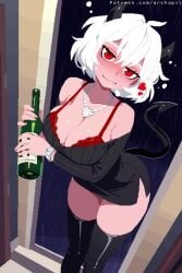 animated archapxl bedroom_eyes blush bra cleavage demon demon_girl demon_horns demon_tail drunk drunk_female female happy helltaker horns lingerie malina_(helltaker) mp4 necklace no_sound pixel_art raining red_eyes sweater tagme tail thighhighs video white_hair wholesome wine_bottle