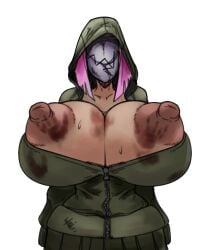 big_breasts breast_focus breasts_out color_edit colored dbd dead_by_daylight edit edited_by_uploader handprint handprint_on_chest huge_breasts huge_nipples hyper_breasts killer legion legion_(dead_by_daylight) lewdreaper mask nipples susie_(dead_by_daylight) the_legion