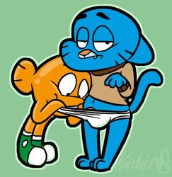 annoyed anthro blue_fur brothers bulge cartoon_network clothing darwin_watterson duo fangs feline fish fur furry gumball_watterson looking_at_viewer male mammal marine navel orange_body peeping penis shirt shoes sibling smile the_amazing_world_of_gumball underwear whiskers yaoi