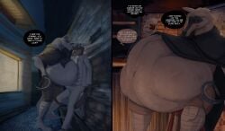 after_vore against_surface against_wall anthro aroused ayvore bar barefoot belly beverage big_belly blush bottomwear brown_body brown_fur bulge canid canine canis cheek_tuft cloak clothing comic container crossover cup death_(puss_in_boots) dialogue dominant dominant_male dreamworks duo ears_back erection erection_under_clothing facial_markings facial_tuft feet fur furniture fuzzy glass glass_container glass_cup grey_body grey_fur grin hand_on_hip head_markings hi_res holding_beverage holding_object huge_belly inside intraspecies kabedon leaning leaning_forward leaning_on_wall leg_wraps looking_at_another looking_at_belly looking_down male male/male mammal markings mask_(marking) mr._wolf_(the_bad_guys) navel neck_tuft nervous night outside pants pinned pinned_by_belly pinned_to_wall pivoted_ears poncho puss_in_boots_(franchise) raised_leg red_eyes safe_vore same_size_vore shelf sickle side_view sitting size_difference smile smirk speech_bubble standing stool stuttering suit tail tavern teeth text the_bad_guys thought_bubble thoughts tuft vore wide_eyed willing_pred window wolf wrapped_legs wraps yellow_eyes