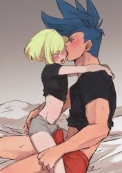 2boys androgynous aus_vaka blonde_hair blonde_hair boner bulge bulge_through_clothing clothing femboy galo_thymos gay gay_male lio_fotia male on_lap penis penis_size_difference penises_touching promare sitting_on_lap size_difference twink yaoi