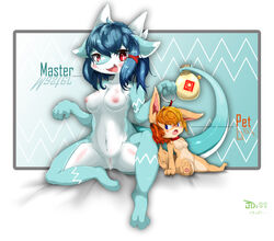 anthro aqua_fur breasts canine censored dog dragon english_text female fur hair kemono mammal nipples orange_fur purple_hair pussy red_eyes text unknown_artist