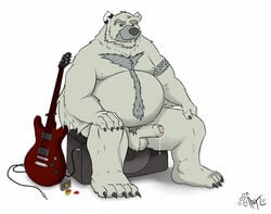 anthro balls bear erection fur furry guitar humanoid_penis looking_at_viewer male male_only mammal musical_instrument nickdales nicknameart nude overweight penis precum smile solo uncut