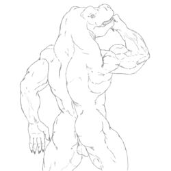 5_fingers ass balls big_butt big_thighs dinosaur looking_back male male_only monochrome muscles open_mouth plain_background rear_view reptile scalie solo stickyfeathers tyrannosaurus_rex vein white_background