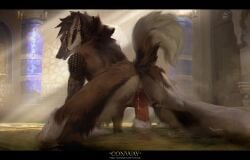 2025 accessory animal_genitalia anthro anus arm_tattoo bath bathhouse brown_body brown_fur canid canine closed_eyes conway_(game) detailed_background digital_media_(artwork) duo ear_piercing ear_ring felid feline female female_penetrated first_person_view fur genitals hair hair_accessory hand_on_butt hi_res inner_ear_fluff inside james_kelly_(conway) letterbox light light_beam male male/female male_penetrating male_penetrating_female male_pov mammal maned_wolf nomax nude nude_anthro nude_female on_bottom on_top partially_submerged penetration penile penile_penetration penis penis_in_vagina piercing raised_tail reverse_cowgirl_position ring_piercing samuel_(conway) sex sex_in_water sheath shoulder_tattoo tail tattoo text tuft url vaginal_penetration vaginal_penetration water whiskers white_body white_fur