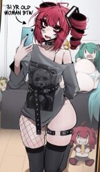ass big_ass big_thighs black_thighhighs choker fishnets glitchace hatsune_miku kasane_teto mirror_selfie pearto red_eyes red_hair single_fishnet thick_thighs thighhighs
