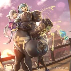 2futas 3d ass balljob belly_grab breasts chubby chubby_futa cum futa_on_futa futa_only futanari ganyu_(genshin_impact) genshin_impact holdingnuts horsecock horsecock_futa huge_ass huge_breasts intersex keqing_(genshin_impact) lactation large_breasts milk penis standing thick_thighs voluptuous wide_hips