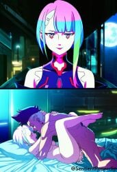 ai_generated cum_in_pussy cyberpunk:_edgerunners cyberpunk_(series) david_martinez_(edgerunners) lucyna_kushinada missionary_position sensual small_breasts two_panel_image