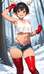 ai_generated antlers beach black_hair elf_ears eye_contact female gloves pixie_cut red red_eyes red_gloves seductive_expression short_hair smirk smug_expression stripper teasing usebackdooronly