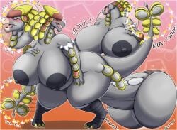 anthro bedroom_eyes big_breasts blush blush_lines breasts female generation_7_pokemon growth growth_sequence hi_res kommo-o narrowed_eyes nintendo noryega onomatopoeia pokemon pokemon_(species) reptile scalie seductive solo sound_effects tail tail_growth text thick_thighs tongue tongue_out transformation wide_hips