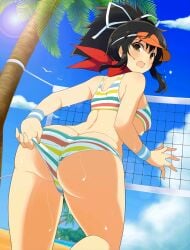10s 1girls adjusting_clothes adjusting_swimsuit arched_back artist_name ass asuka_(senran_kagura) bare_shoulders beach bikini blush bra breasts brown_eyes brown_hair butt_crack cloud day dutch_angle female female_focus from_behind hair_ribbon highres huge_ass large_breasts lens_flare long_hair looking_at_viewer looking_back ocean official_art open_mouth outdoors palm_tree panties ponytail ribbon senran_kagura sky solo standing striped_bikini striped_clothes sun sweat swimsuit teen teenage_girl teenager tree underboob underwear visor_cap volleyball_net waifu2x yaegashi_nan