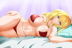 1girls bed bikini bikini_bottom bikini_top blonde_female blonde_hair half-dressed half_naked half_naked_female kimmy77 long_hair long_hair_female pillow purple_eyes rwby solo_female yang_xiao_long