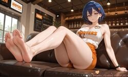 ai_generated alcohol bangs bare_legs bare_shoulders barefoot belle_(zenless_zone_zero) blue_hair bottle breasts cleavage closed_mouth collarbone couch earrings feet female foot_focus foreshortening full_body goddessasunaai green_eyes hair_between_eyes hair_ornament indoors jewelry large_breasts legs looking_at_viewer mole orange_shorts plant potted_plant short_hair shorts sitting soles solo tank_top thighs toes uniform zenless_zone_zero