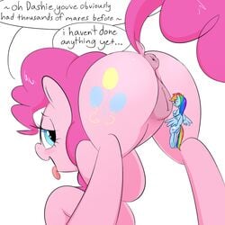 2015 animal_genitalia anus ass blue_eyes blue_fur cutie_mark dock duo earth_pony equine equine_pussy female feral friendship_is_magic fur hair hooves horse khorme macro mammal micro multicolored_hair my_little_pony open_mouth pink_fur pink_hair pinkie_pie_(mlp) plump_labia pony presenting puffy_anus purple_eyes pussy rainbow_dash_(mlp) rainbow_hair simple_background size_difference tongue tongue_out wings