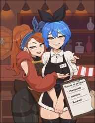 2girls female hyyun june_(hyyun) looking_at_viewer oc original_character original_characters russian russian_text short_hair