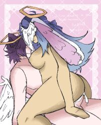 angel angel_wings areola big_ass big_breasts big_thighs breasts covering_face cum_inside cumming cumming_while_penetrating female first_time_drawing_a_man.. hat3r0nl0v3 male nipples original original_character penis penis_in_pussy pussy request tan_body tan_skin
