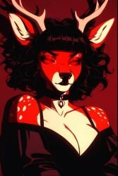 ai_generated animal_ears antlers beach black_hair elf_ears eye_contact faun female furry gloves pixie_cut red red_eyes red_fur red_gloves seductive_expression short_hair smirk smug_expression stripper teasing usebackdooronly