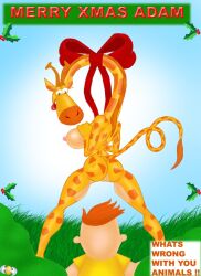 adam_lyon anthro cartoon_network christmas duo female giraffe giraffid holidays human humanoid ingrid_giraffe inviting male male/female male_human/female_anthro mammal my_gym_partner's_a_monkey text vlade