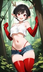 ai_generated antlers beach black_hair elf_ears eye_contact female gloves pixie_cut red red_eyes red_gloves seductive_expression short_hair smirk smug_expression stripper teasing usebackdooronly