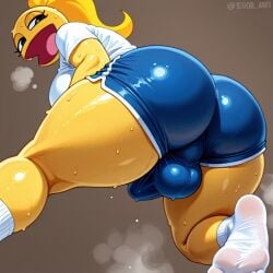 1futa ai_generated ass below_view big_ass big_eyes big_mouth blue_shorts breasts breasts bulge damenjer epic_face feet fnf fnf_mods friday_night_funkin futanari huge_ass huge_breasts large_breasts long_ponytail narrowed_eyes penis_bulge ponytail simple_background socks solo steam sweat sweating_body t-shirt thick_thighs white_socks white_t-shirt yellow_hair yellow_skin
