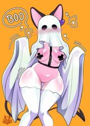 anthro blush blush_lines breasts chubigumi clothing costume felid feline female fur ghost halloween holidays jolyne_(chubigumi) mammal nipple_tape pasties slightly_chubby slightly_chubby_anthro slightly_chubby_female solo spade_tail spirit tail tape thick_thighs white_body white_fur