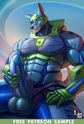 2020 5_fingers anthro anthrofied balls biped blue_body blue_eyes canid canine canis colored domestic_dog dynomutt dynomutt_dog_wonder fingers genitals humanoid_genitalia humanoid_hands humanoid_penis machine male mammal metal_balls metal_penis metallic_balls metallic_body metallic_penis muscular muscular_anthro muscular_male muscular_thighs nexus penis robot robot_anthro toothy_grin