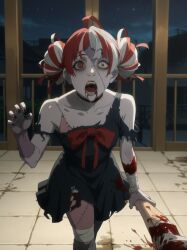 ai_generated blood_stain hair_buns heterochromia hololive hololive_indonesia kureiji_ollie patchwork_skin torn_clothes zombie zombie_girl