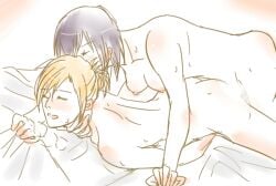 2014 2girls annie_leonhardt areolae asian asian_female attack_on_titan black_hair black_hair_female blonde_female blonde_hair blonde_hair_female blush blushing_female breasts completely_naked completely_naked_female completely_nude completely_nude_female female female_only femdom interracial_yuri japanese_text kissing lesbian_kiss lezdom lezsub mikannie mikasa_ackerman naked_female nipples nude nude_female shingeki_no_kyojin yuri