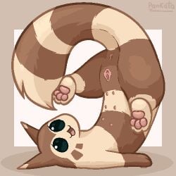 anus ass ass_up brown_body brown_fur digital_media_(artwork) female feral fluffy fluffy_tail fur furret generation_2_pokemon genitals looking_at_viewer low_res lying multi_nipple nintendo nipples on_back pankatares pawpads paws pixel_(artwork) pokemon pokemon_(species) presenting presenting_anus presenting_hindquarters presenting_vulva signature simple_background simple_face smile solo striped_body striped_fur stripes tail vulva