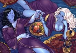 2girls baggy_clothing bathrobe bathsheb black_hair blue_eyes blue_lips blue_skin clothed clothed_female clothing female fruit grapes hookah indian indian_clothes indian_female jewelry original_character original_characters peach_(fruit) pillow pillows platter rug smiling smiling_at_partner tattoo tattoo_on_arm tattooed_arm tattoos wet wet_body wet_skin white_eyes white_hair white_tattoo