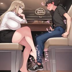ai_generated bbw big_breasts dinner husband husband_and_wife legs legs_touching male milf restaurant restaurant_chair restaurant_setting small_husband small_penis small_penis_humiliation smaller_human smaller_male wife wife_and_husband wife_material wifey