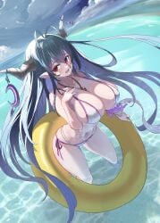 ahoge aya_tarou bandaged_arm bandages bare_shoulders bikini bikini_bottom black_hair breasts clavicle cleavage clothing crescent danua danua_(summer)_(granblue_fantasy) day draph_race_(granblue_fantasy) ear female granblue_fantasy hair_between_eyes halterneck high_resolution horn_ornament horns huge_breasts innertube jewelry light_blush long_hair navel necklace ocean open_mouth pointed_ears red_eyes shiny shiny_skin shortstack side-tie_bikini side-tie_bikini_bottom side-tie_clothing side-tie_swimsuit solo string_bikini swimsuit very_long_hair wet white_bikini white_swimsuit wide_hips