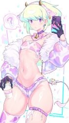 androgynous bikini bikini_top bulge collar cow_horns cow_print crossdressing femboy lio_fotia minishorts oyasaiiis slim_male slim_waist solo thick_thighs thin_male thin_waist twink