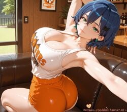ai_generated alcohol armpits arms_up ass bangs bare_shoulders belle_(zenless_zone_zero) blue_hair bottle breasts cleavage closed_mouth collarbone couch crossed_bangs cup drinking_glass earrings female goddessasunaai green_eyes hair_between_eyes hair_ornament indoors jewelry large_breasts lips looking_at_viewer looking_back orange_shorts plant potted_plant shirt short_hair short_shorts shorts sleeveless smile solo table tank_top thighs twisted_torso uniform white_tank_top zenless_zone_zero