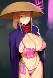 ai_generated alley big_breasts bikini breasts cape condom dollar_bills exposed_teeth female filled_condom ghetto gintama grin huge_breasts lights massive_ass money mutsu_(gintama) neon_lights pink_bikini prostitute prostitution sexy sexy_pose skimpy skimpy_clothes smirk thin_waist