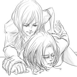 2girls ambiguous_fingering annie_leonhardt asian asian_female attack_on_titan black_hair black_hair_female female female/female female_on_top female_only femdom fingering fingering_from_behind fingering_partner lezdom lezsub mikannie mikasa_ackerman multiple_girls shingeki_no_kyojin yuri yuri yuri