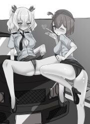 2girlls alternate_costume aroused blowing_kiss breasts button_gap car cleavage crysta_(duel_masters) dot_mouth duel_masters duel_masters_lost expressionless female from_behind full-face_blush heels in_heat katori_niika large_ass large_breasts looking_at_viewer m_legs multiple_girls niika one_eye_closed one_knee_up panties police_hat police_uniform policewoman spread_legs upskirt white_pantyhose