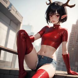ai_generated antlers beach black_hair cum_in_pussy cum_inside elf_ears eye_contact female gloves leaking_cum pixie_cut pussy red red_eyes red_gloves seductive_expression short_hair smirk smug_expression stripper teasing usebackdooronly