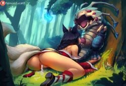 1boy 1girls ahri ahri_(league_of_legends) ai_generated ass blowjob cum cum_in_pussy cum_inside cumming ejaculation female forest fox fox_ears fox_girl fox_tail kog'maw league_of_legends leaking_cum lucakp male monster monster_cock open_mouth patreon patreon_link patreon_logo patreon_reward patreon_url patreon_username penis post-timeskip pussy red_eyes size_difference sucking sucking_penis tagme tail tongue tree
