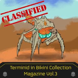 alien artist_request bikini breasts canon classified_information cleavage cover_page english_text female green_bikini heart_bikini helldivers helldivers_2 highres insectoid large_breasts no_eyes terminid wings
