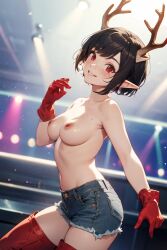 ai_generated antlers beach black_hair club elf_ears eye_contact female gloves jean_shorts nightclub pixie_cut red red_eyes red_gloves seductive_expression short_hair shorts smirk smug_expression stripper teasing topless usebackdooronly